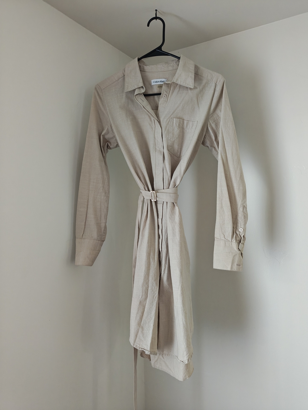 Calvin Klein Light Beige Long-Sleeve Belted Shirt Dress